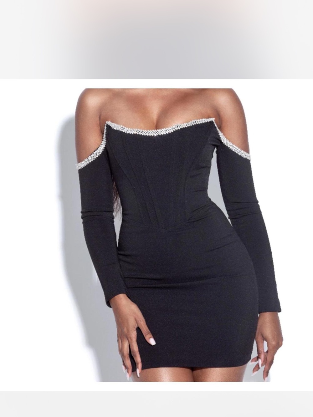 Elegant Black Off-Shoulder Rhinestone Trim Dress